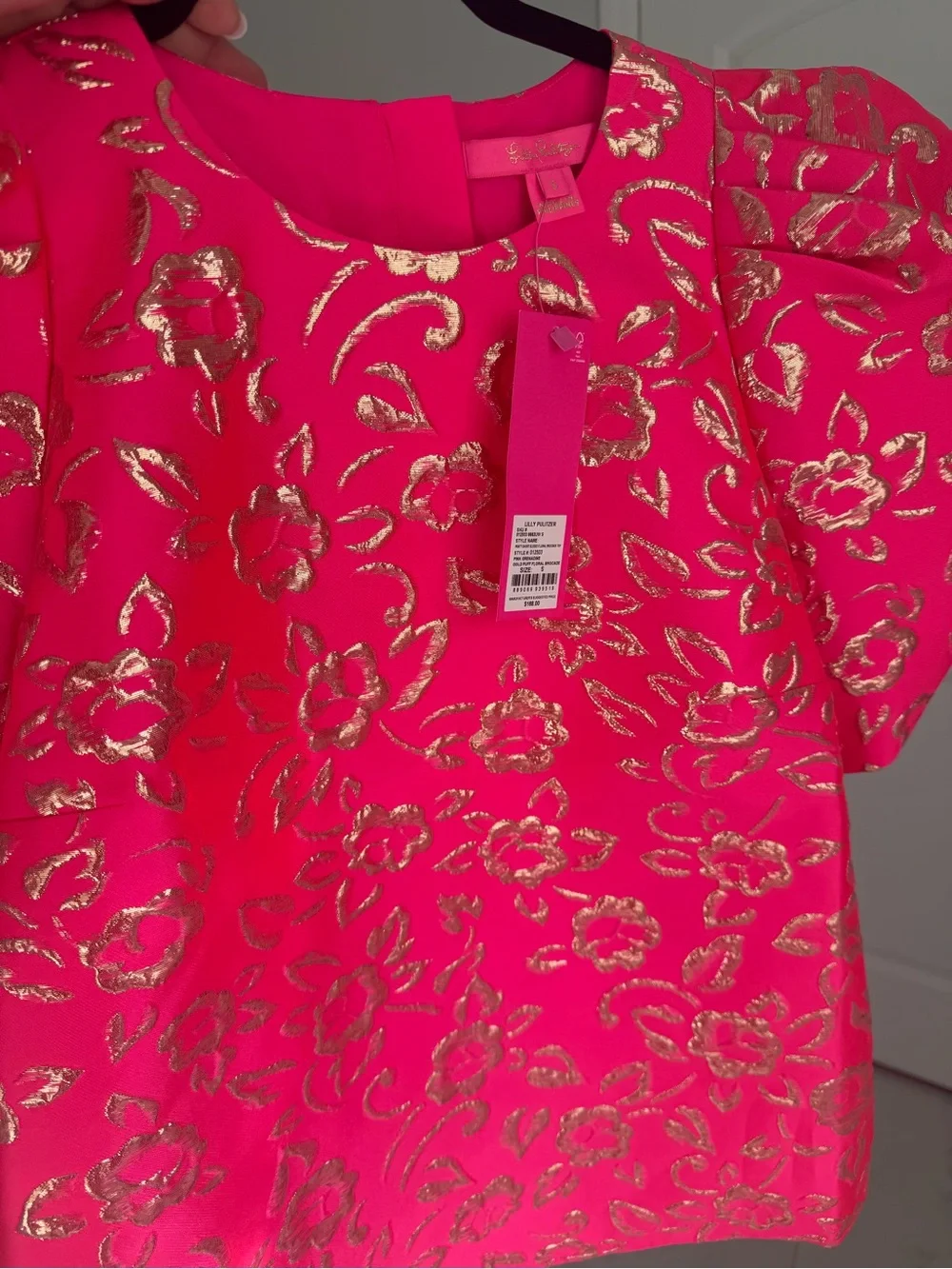 Lilly Pulitzer Hot Pink Puff-Sleeve Top with Gold Floral